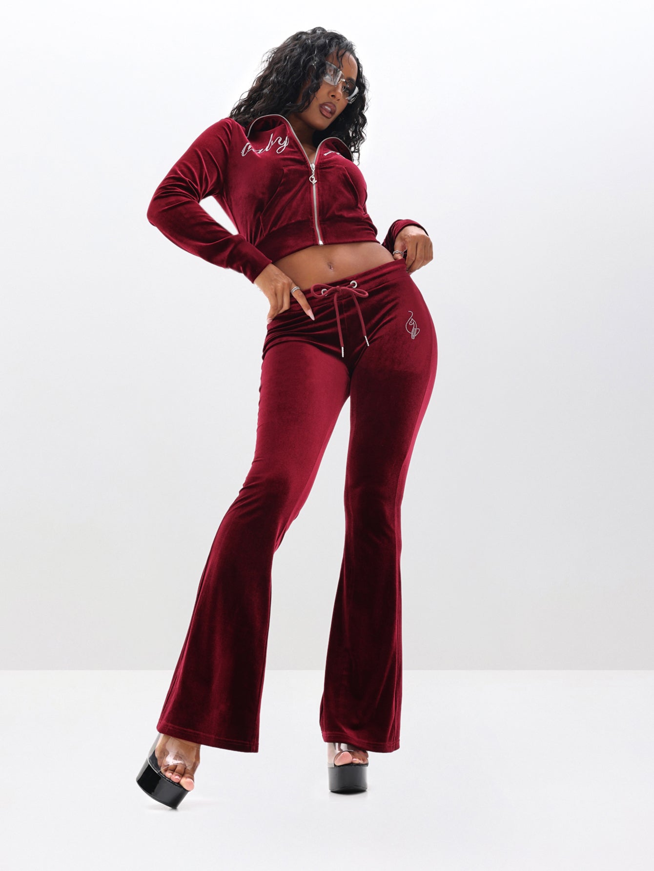 Low Rise Velour Sweatpant with Rhinestones