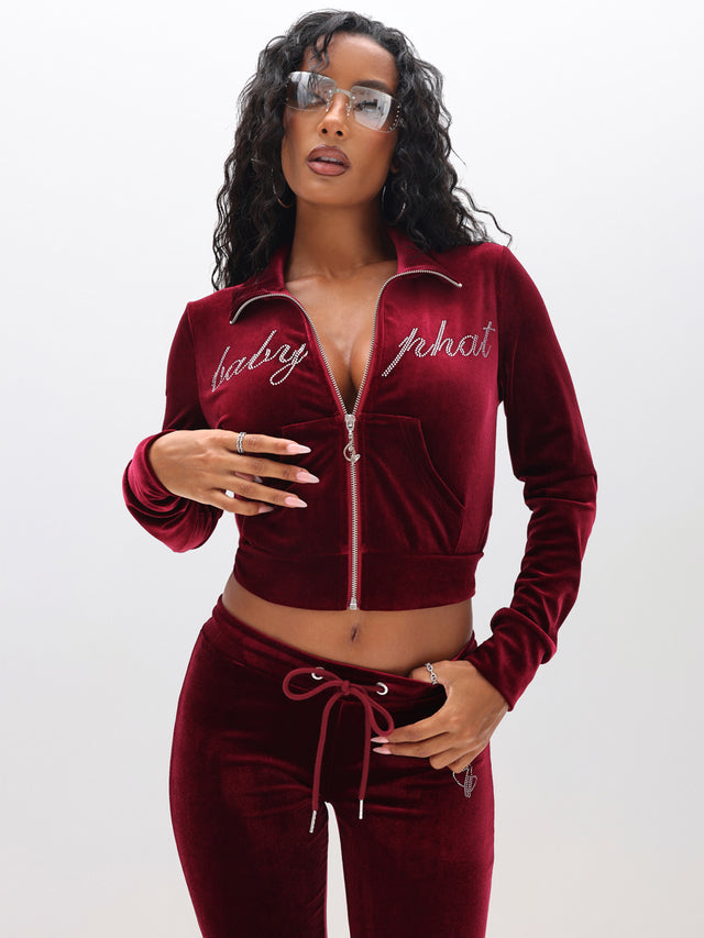 Velour Funnel Neck Sweatshirt with Rhinestones, burgundy velour with rhinestone script, front view