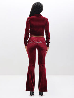 Velour Funnel Neck Sweatshirt with Rhinestones, burgundy velour with rhinestone script, back view