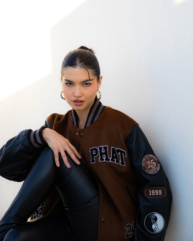 Anniversary Varsity Jacket, brown and black with 25th anniversary patches, front full-body view