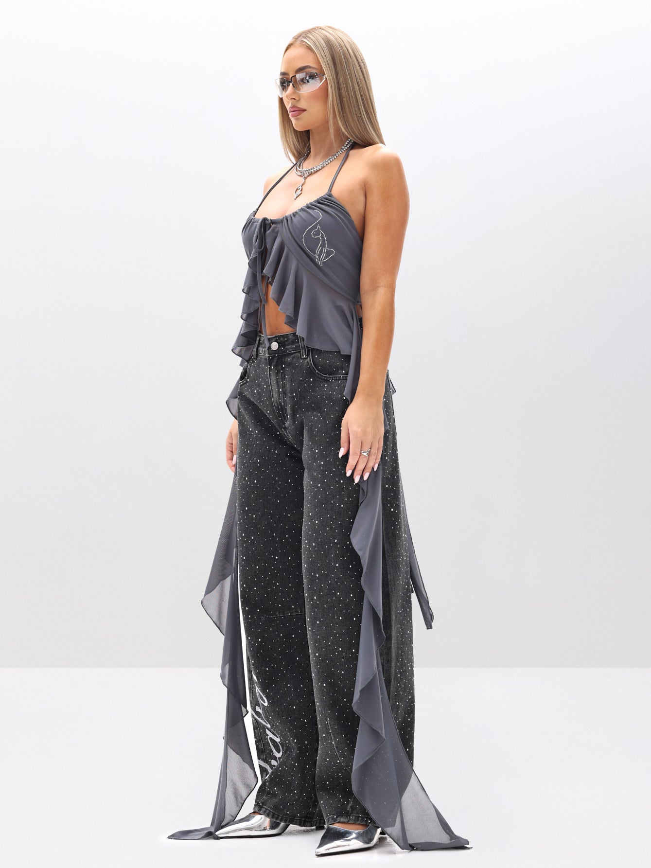 Halter Cami Mesh Waterfall Ruffle Top