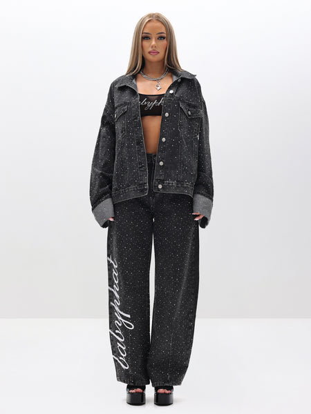 Oversized Rhinestone Denim Jacket in Black Wash | Baby Phat | Baby