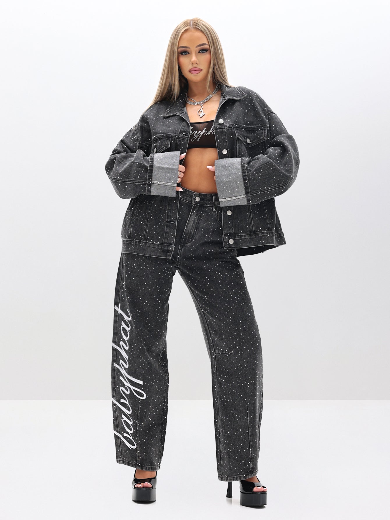 Black Eye Patch Rhinestone Baby Cap デニム Oversized Rhinestone Denim Jacket in Black Wash | Baby Phat | Baby