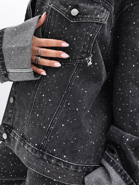 Oversized Rhinestone Denim Jacket, black wash pocket seam and rhinestone scatter, close-up detail