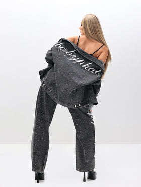 Oversized Rhinestone Denim Jacket, black wash draped shoulder with script back, back view