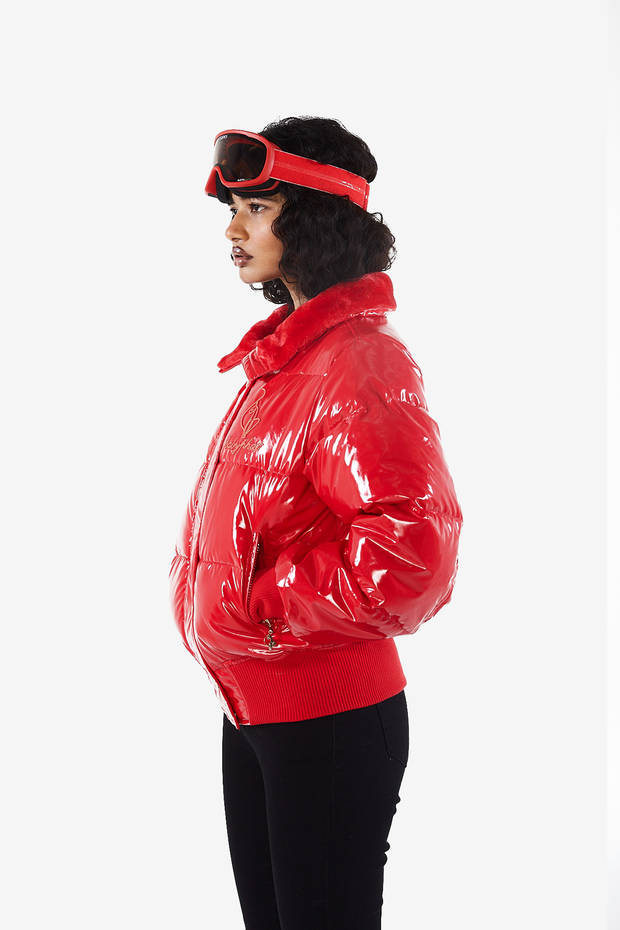 Red faux fur trim hooded puffer jacket sales