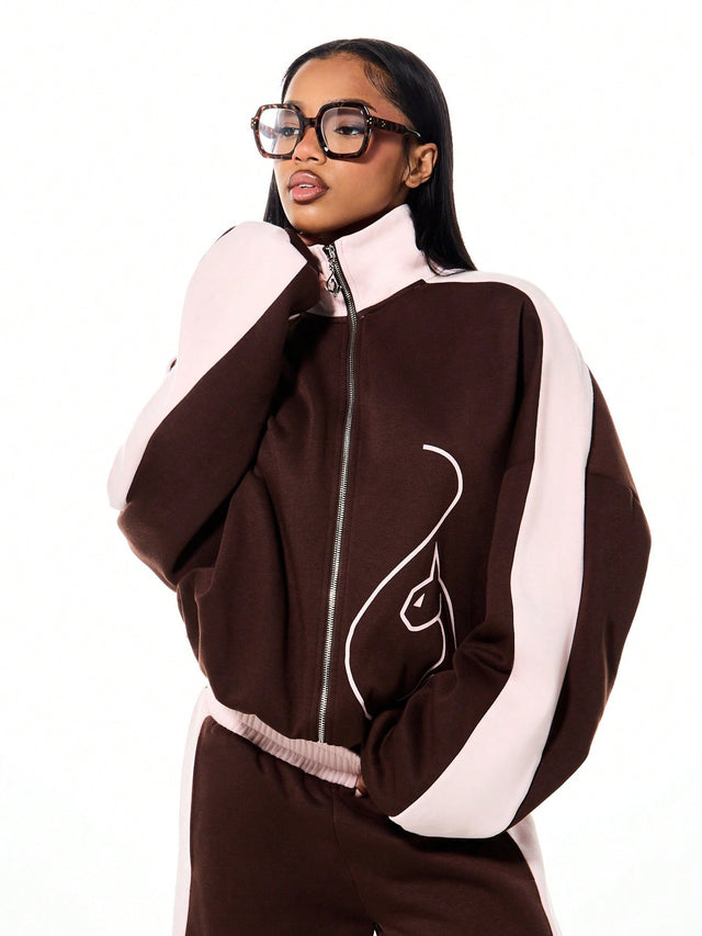 Funnel Neck Color Block Zip Up Sweatshirt, brown and pink color-block with funnel neck, front view