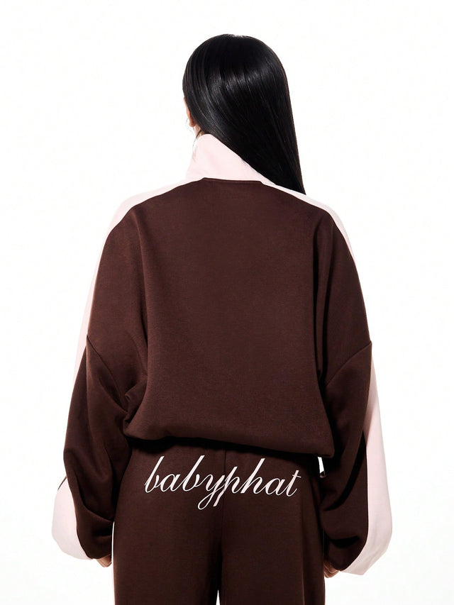 Funnel Neck Color Block Zip Up Sweatshirt, brown and pink color-block with script logo back, back view