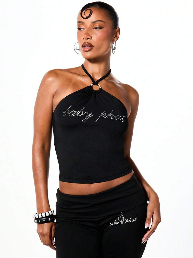 Rhinestone Logo Halter Top with Ring Detail