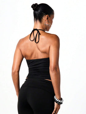 Rhinestone Logo Halter Top with Ring Detail