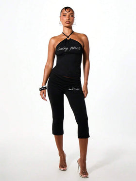 Rhinestone Logo Halter Top with Ring Detail