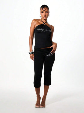Rhinestone Logo Halter Top with Ring Detail