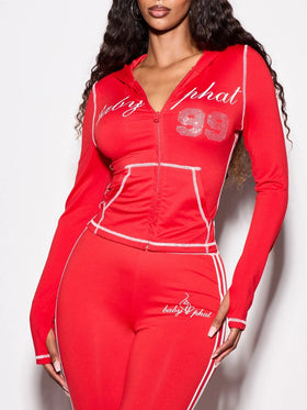 Long Sleeve Hooded Zip Up Top with Rhinestones