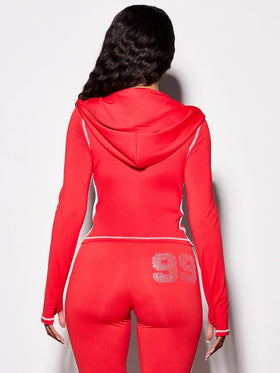 Long Sleeve Hooded Zip Up Top with Rhinestones