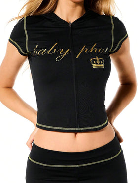 Short Sleeve Hooded Zip Up Top with Crown Logo