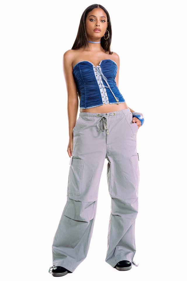 Brooke Cargo Pant, slate grey wide-leg silhouette, front full-body view