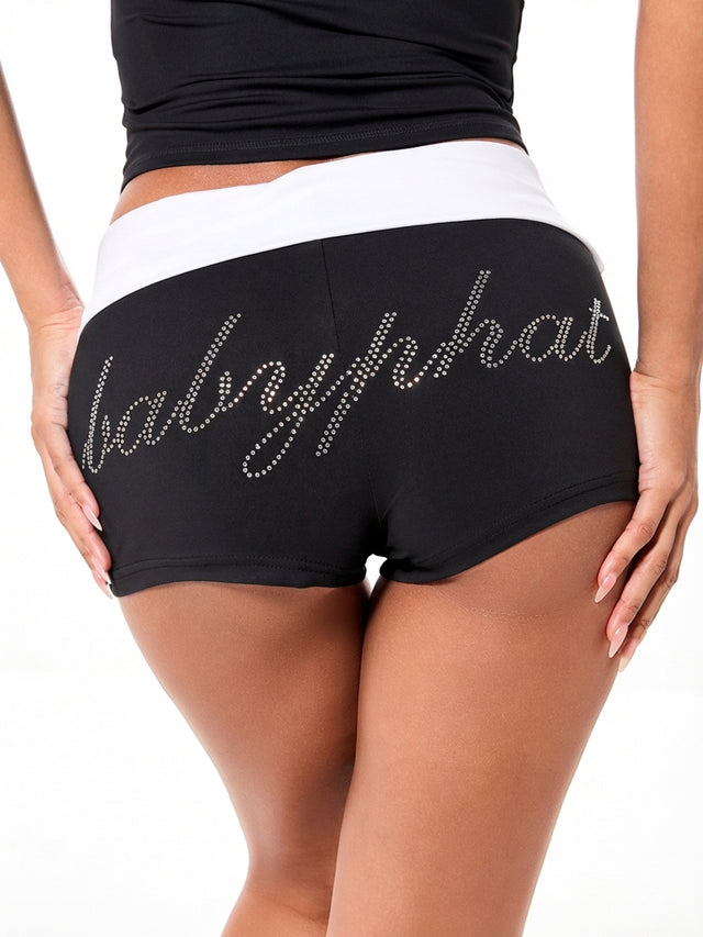 Foldover Micro Short with Contrast Waistband and Rhinestones