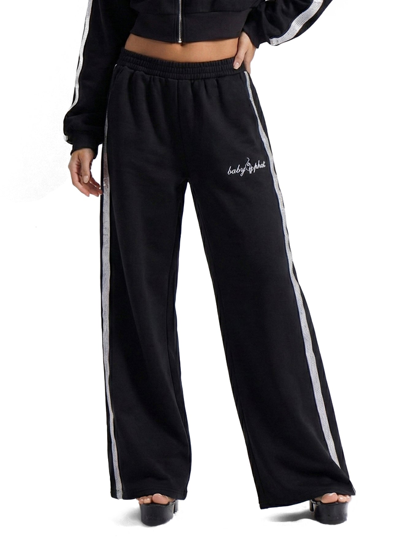 Wide Leg Jogger With Rhinestone Trim, black pull-on silhouette, front view