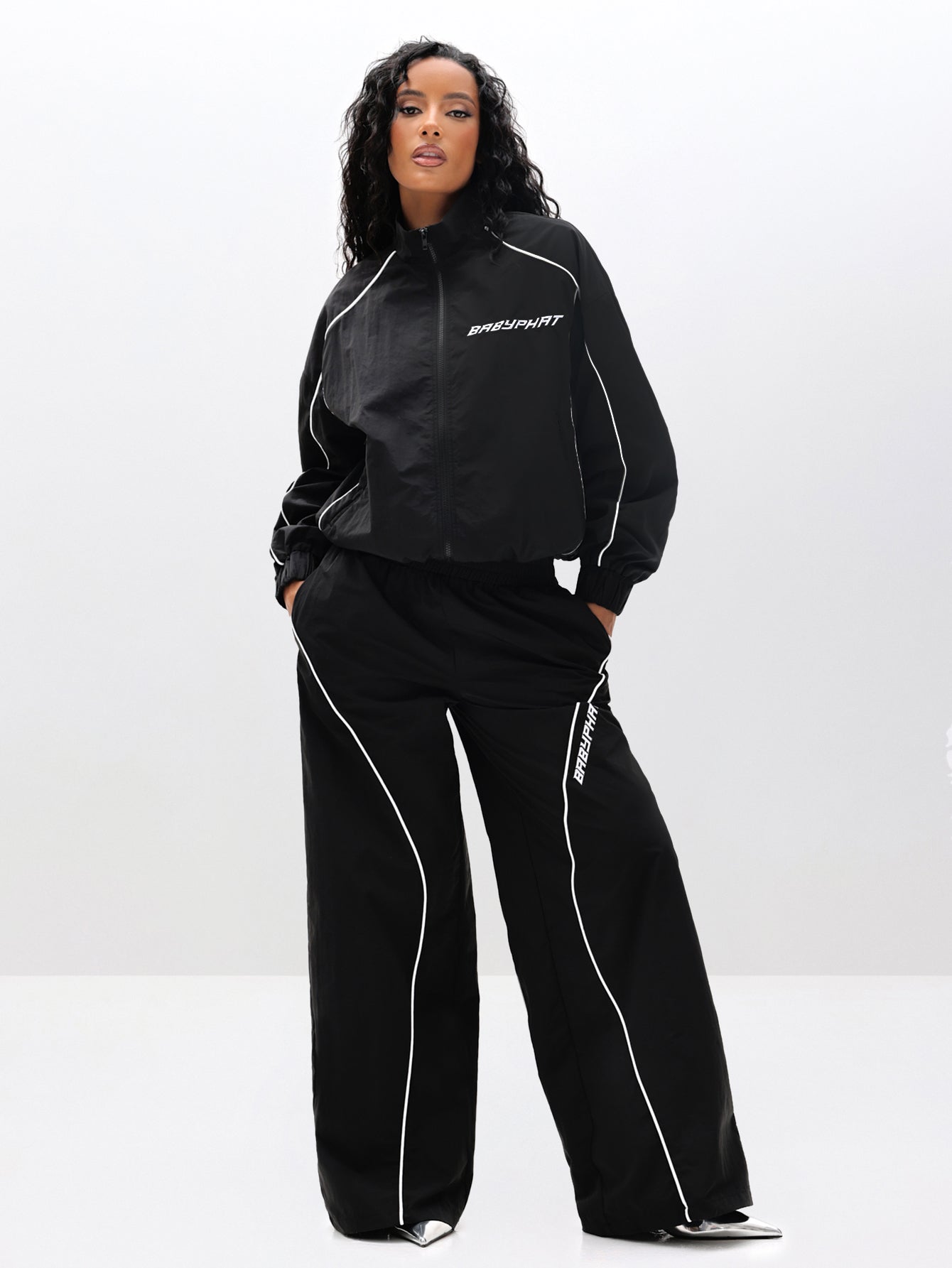 Wide Leg Nylon Trackpants, contrast piping with relaxed drape, on-model styling view
