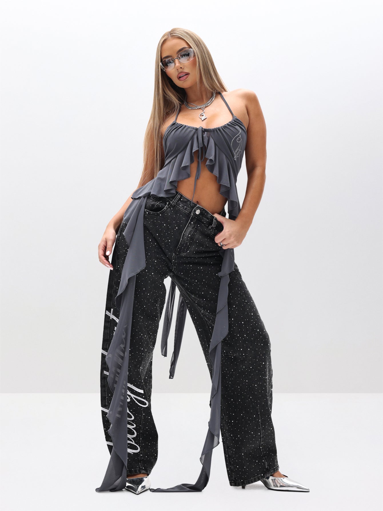 Rhinestone Barrel Jeans, black wash denim with crystal sparkle, front full-body view
