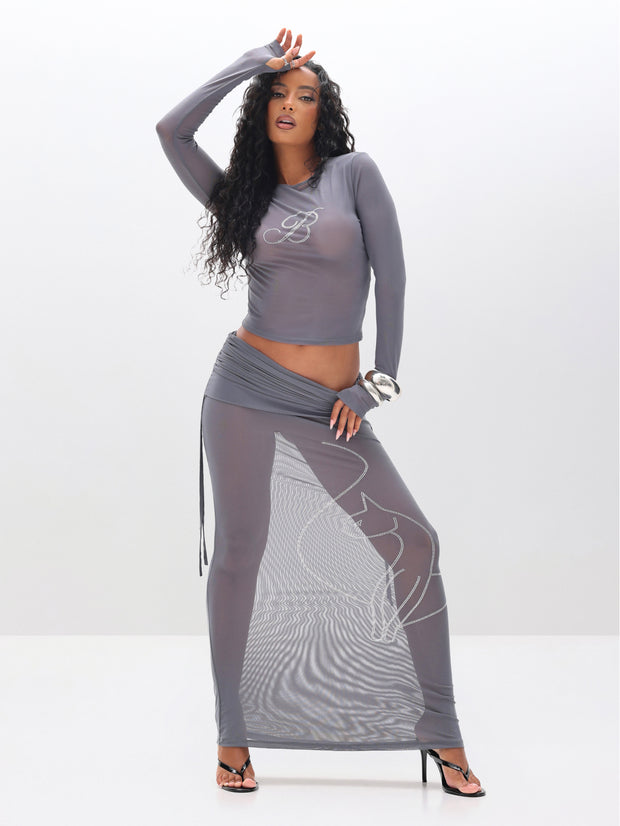 Ruched Mesh Maxi Skirt with Rhinestone