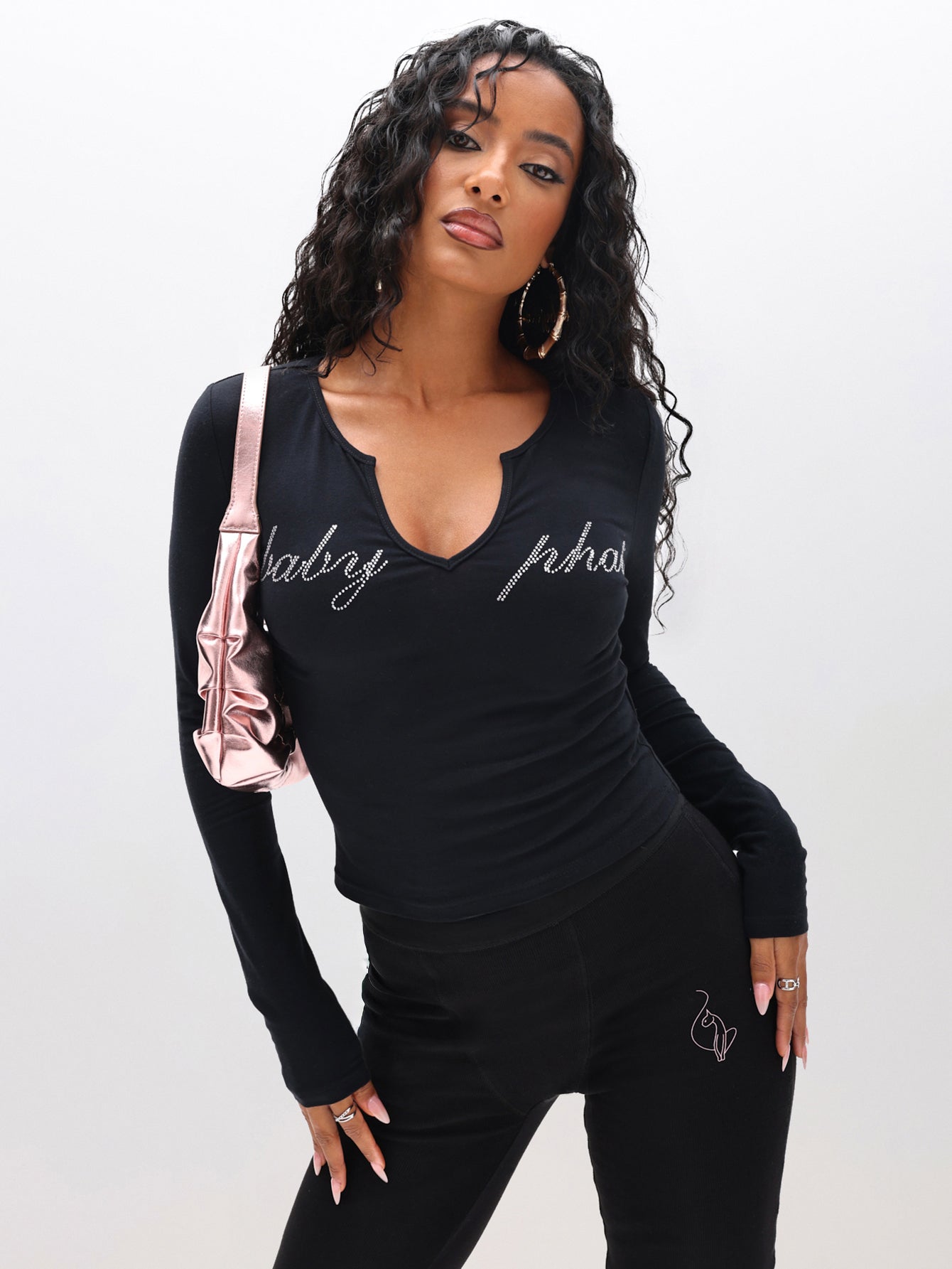 Rhinestone Logo Notch Neck Long Sleeve, black fitted top with rhinestone script, on-model styling view