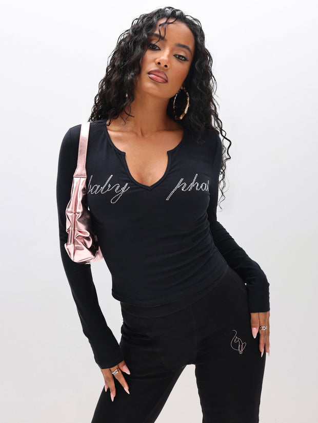 Rhinestone Logo Notch Neck Long Sleeve