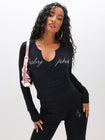 Rhinestone Logo Notch Neck Long Sleeve