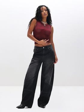 Sleeveless Sheer Mesh Top, burgundy sheer mesh with tonal logo print, on-model styling view