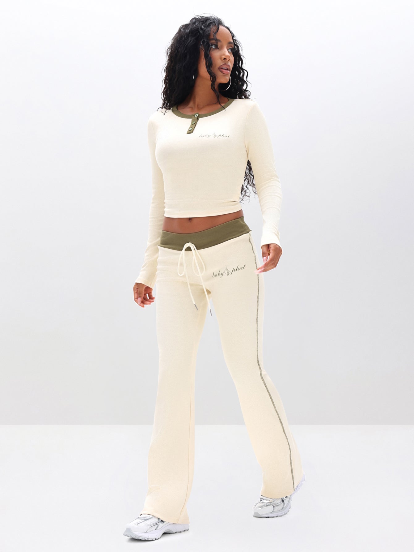 Contrast Trim Bootcut Pant, cream with olive trim, front full-body view