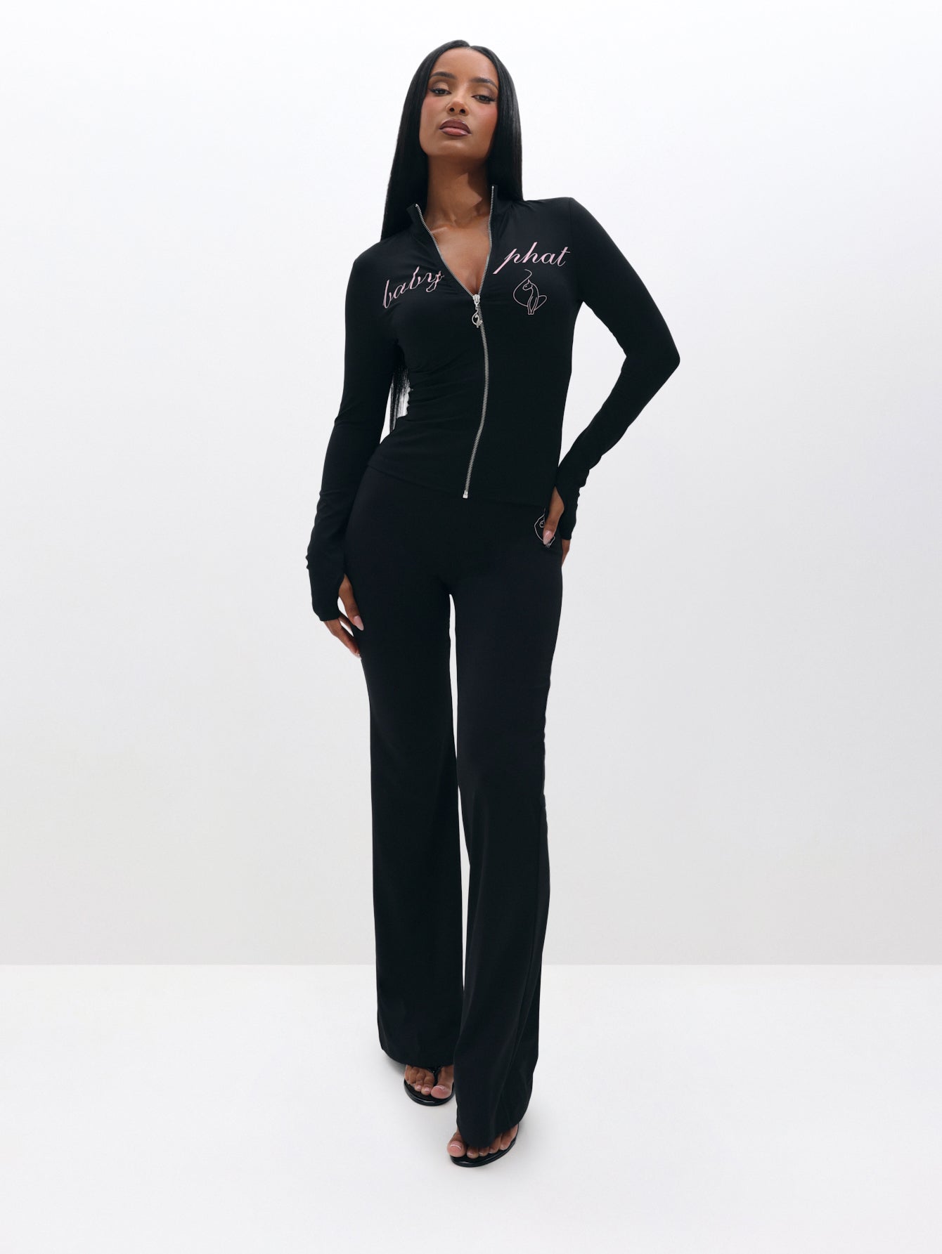 Long Sleeve High Neck Zip Up Top Black Fitted | Baby Phat