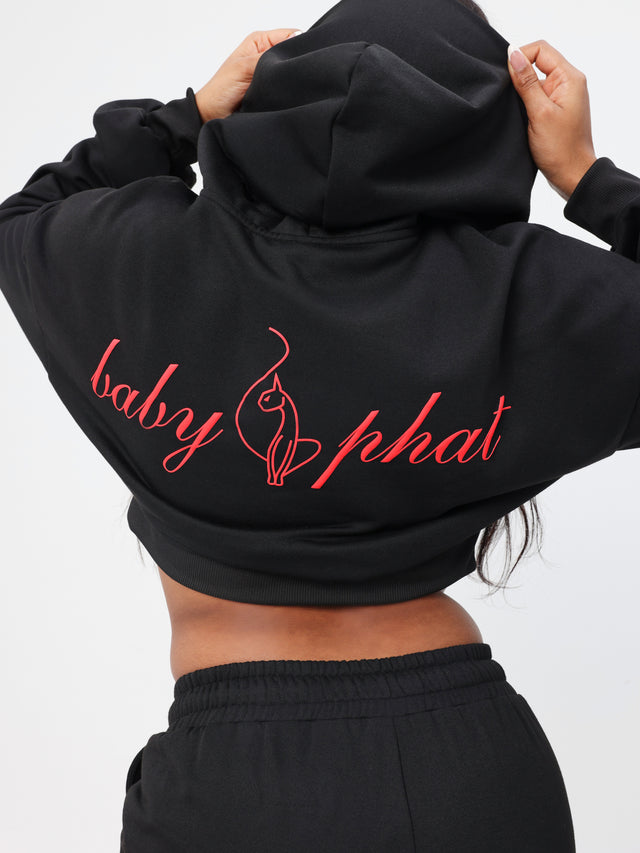 Oversized Cropped Hoodie, black hoodie with large red script logo on back, back view