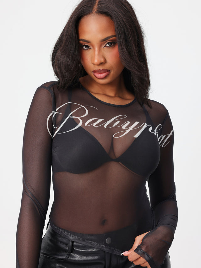 Logo Mesh Long Sleeve, sheer black mesh with oversized script logo, front view