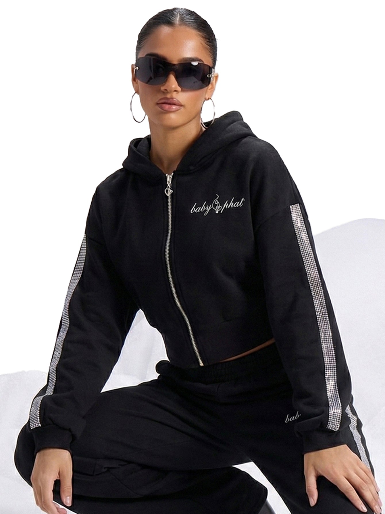 Cropped Hoodie With Rhinestone Trim