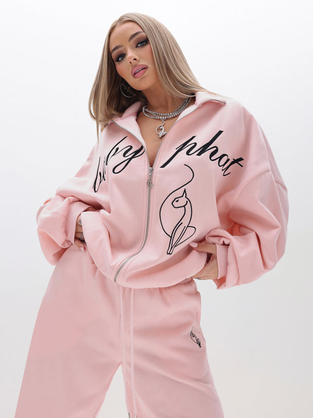 Oversized High Neck Zip Up Sweatshirt, pastel pink with cat motif, front view