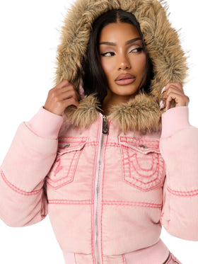 Baby Phat X True Religion Pink Wash Denim Super T Puffer Jacket