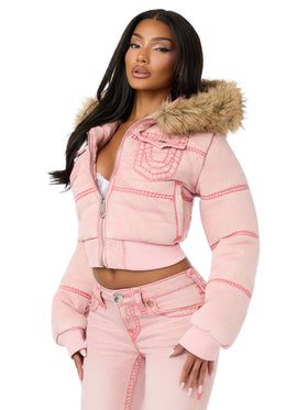 Baby Phat X True Religion Pink Wash Denim Super T Puffer Jacket