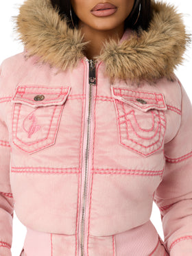 Baby Phat X True Religion Pink Wash Denim Super T Puffer Jacket