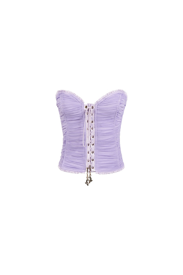 Chloe Corset Top, lavender ruched lace-up bodice, flat lay