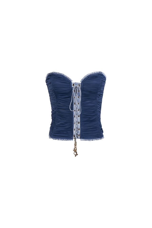 Chloe Corset Top, indigo ruched lace-up bodice, flat lay