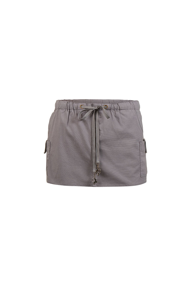 Brooke Cargo Skirt, slate grey with drawstring waist and cargo pockets, flat lay