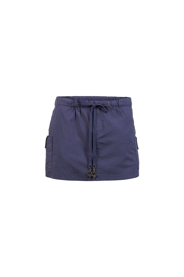 Brooke Cargo Skirt, indigo utility mini skirt, flat lay