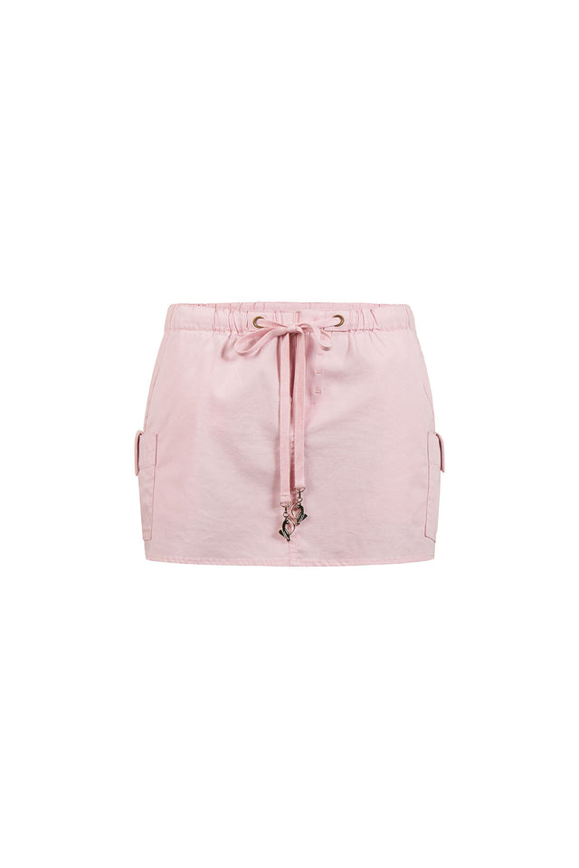 Brooke Cargo Skirt, blush pink mini cargo skirt with drawstring waist, front view