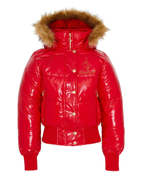 Chili Puffer, glossy red jacket with fur-trim hood on ghost form, front view
