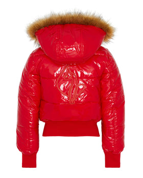 Chili Puffer, glossy red jacket with back cat emblem on ghost form, back view