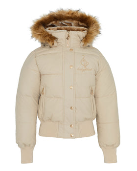 Tan Puffer, sand jacket with faux-fur hood and chest embroidery, flat lay