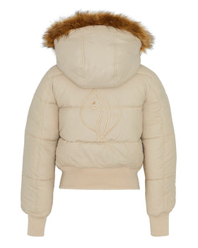 Tan Puffer, sand quilted jacket with back cat embroidery, back flat lay