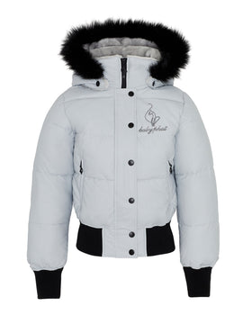 Smoke Puffer, light grey jacket with black faux-fur hood trim, flat lay