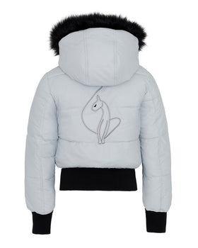 Smoke Puffer, light grey puffer with oversized back cat logo, flat lay