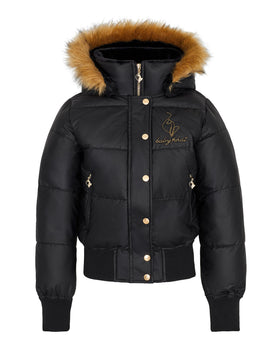 Onyx Puffer, black cropped puffer with gold-tone hardware, front view